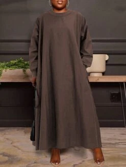 Women's Work Dress Shift Dress Semi Formal Dress Fashion Long Dress Maxi Dress Pocket Crew Neck Long Sleeve Plain Loose Fit Black Brown Light Blue Fall Winter S M L XL XXL