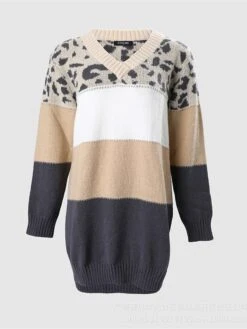 Women's Sweater Dress Winter Dress Jumper Dress Mini Dress Fashion Leopard Outdoor Street Daily Vacation V Neck Long Sleeve Print 2023 Loose Fit Khaki S M L XL -Tesla Style nhisie1693906961959