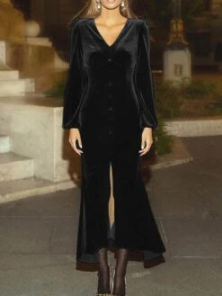 Women's Prom Dress Party Dress Velvet Dress Long Dress Maxi Dress Black Pink Wine Long Sleeve Pure Color Button Fall Winter Autumn V Neck Fashion Winter Dress Birthday Evening Party 2023 S M L XL XXL -Tesla Style nhlffp1693535341330