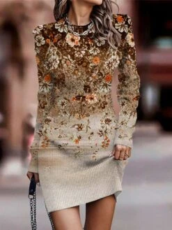 Women's Sweater Dress Winter Dress Jumper Dress Mini Dress Fashion Floral Outdoor Daily Date Going Out Crew Neck Long Sleeve Print 2023 Regular Fit Purple Fuchsia Khaki S M L XL XXL 3XL -Tesla Style nibwse1694423012909