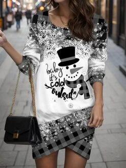 Women's Casual Dress Sweatshirt Dress Mini Dress Warm Fashion Outdoor Christmas Vacation Crew Neck Print Snowman Snowflake Loose Fit Red Blue Orange S M L XL XXL -Tesla Style niknvf1696757408951