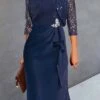 Women's Party Dress Lace Dress Cocktail Dress Midi Dress Navy Blue 3/4 Length Sleeve Pure Color Lace Spring Fall Winter Crew Neck Fashion Wedding Guest 2023 S M L XL XXL 3XL -Tesla Style niribl1694671097296