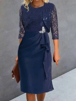 Women's Party Dress Lace Dress Cocktail Dress Midi Dress Navy Blue 3/4 Length Sleeve Pure Color Lace Spring Fall Winter Crew Neck Fashion Wedding Guest 2023 S M L XL XXL 3XL