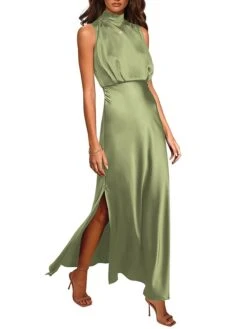 Women's Prom Dress Party Dress Satin Dress Long Dress Maxi Dress Black Light Green Wine Sleeveless Pure Color Split Summer Spring Stand Collar Fashion Evening Party Wedding Guest Vacation Loose Fit -Tesla Style nisfpn1678413539382