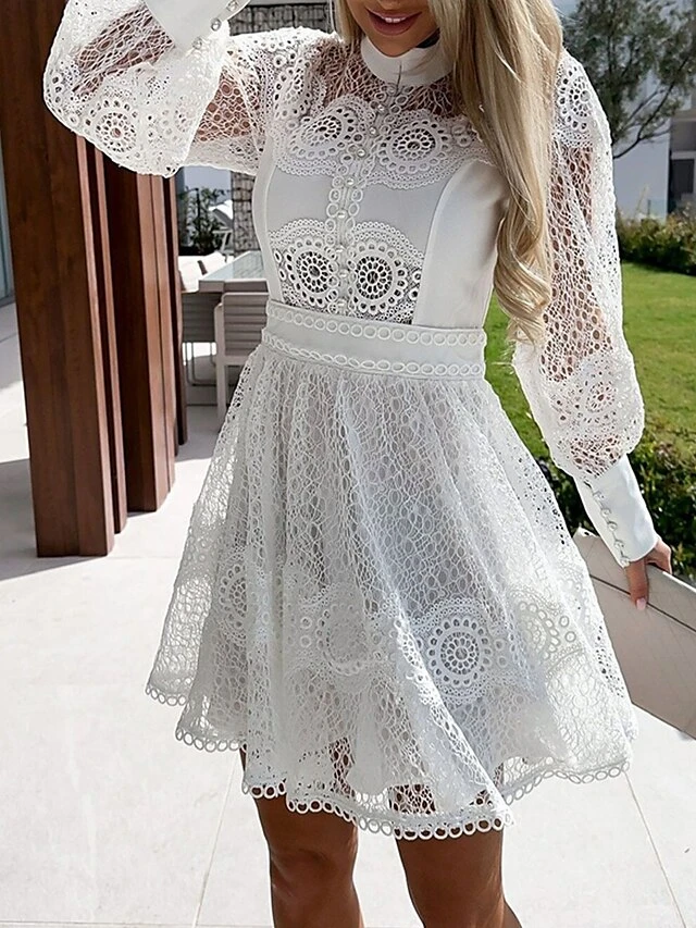 Women's Party Dress Lace Dress Homecoming Dress Mini Dress Black White Long Sleeve Pure Color Lace Summer Spring Fall Stand Collar Fashion Wedding Guest Birthday Vacation Slim 2023 S M L XL 4 Women's Party Dress Lace Dress Homecoming Dress Mini Dress Black White Long Sleeve Pure Color Lace Summer Spring Fall Stand Collar Fashion Wedding Guest Birthday Vacation Slim 2023 S M L XL - Image 2