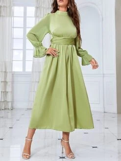 Women's Prom Dress Party Dress Satin Dress Long Dress Maxi Dress Green Long Sleeve Pure Color Strappy Spring Fall Winter Stand Collar Fashion Winter Dress Evening Party Wedding Guest 2023 S M L XL -Tesla Style njxmze1693390907527