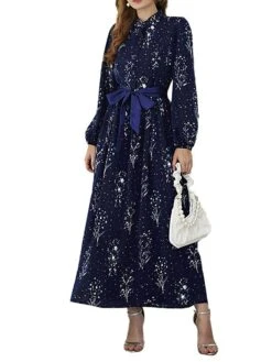Women's Party Dress Cocktail Dress Wedding Guest Dress Long Dress Maxi Dress Blue Dark Blue Long Sleeve Flower Lace Up Fall Winter Autumn Crew Neck Fashion Winter Dress Wedding Guest Vacation 2023 S -Tesla Style nkcter1695111594593