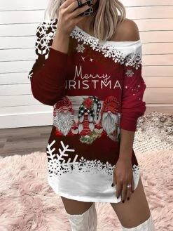 Women‘s Christmas Casual Dress Sweatshirt Dress Mini Dress Warm Fashion Outdoor Holiday Crew Neck Print Santa Claus Snowman Loose Fit Black White Red S M L XL XXL