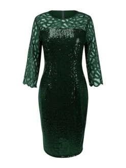 Women‘s Party Dress Sequin Dress Cocktail Dress Midi Dress Black Wine Dark Green 3/4 Length Sleeve Pure Color Sparkly Glitter Sequins Spring Fall Winter Crew Neck Fashion Wedding Guest Birthday -Tesla Style nkdyha1691659606905