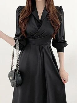 Women's Work Dress Semi Formal Dress A Line Dress Fashion Office Daily Workfashion Midi Dress Ruched Button Shirt Collar Long Sleeve Plain Loose Fit Black Army Green Gray Fall Winter S M L XL -Tesla Style nkotou1695805367505