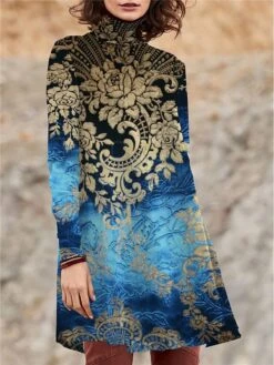 Women's Work Dress Casual Dress Swing Dress Fashion Winter Dress Daily Mini Dress Print Turtleneck Long Sleeve Floral Regular Fit Blue Green Fall Winter S M L XL XXL