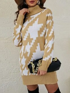 Women's Sweater Dress Winter Dress Jumper Dress Mini Dress Patchwork Ribbed Daily Date Vacation Active Fashion Turtleneck Long Sleeve 2023 Loose Fit Black Blue Khaki Color S M L XL Size -Tesla Style nlbcmh1694087773043