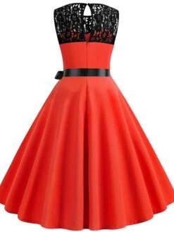 Women's Lace Dress Vintage Dress Swing Dress Black Dress Light Blue Wine Red Black Sleeveless Print Lace Up Summer Spring Fall Crew Neck Vintage -Tesla Style nlfxgo1623392159109