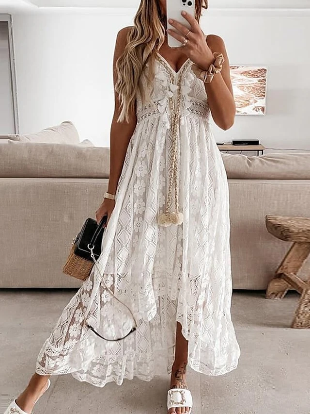 Women's Party Dress Casual Dress Holiday Dress Long Dress Maxi Dress White Beige Sleeveless Print Lace Summer Spring V Neck Basic Vacation 2023 S M L XL XXL 3 Women's Party Dress Casual Dress Holiday Dress Long Dress Maxi Dress White Beige Sleeveless Print Lace Summer Spring V Neck Basic Vacation 2023 S M L XL XXL