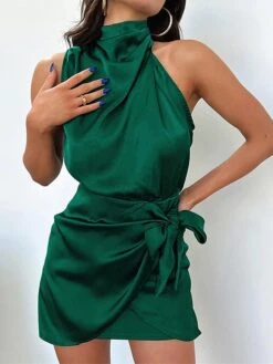 Women's Party Dress Homecoming Dress Cocktail Dress Mini Dress Black Champagne Light Green Sleeveless Pure Color Lace Up Spring Fall Winter Halter Neck Fashion Wedding Guest Birthday Vacation Loose -Tesla Style nlrvkx1693535345295