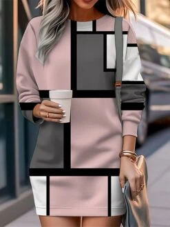 Women's Casual Dress Sweatshirt Dress Mini Dress Warm Fashion Outdoor Vacation Going Out Crew Neck Print Geometric Loose Fit Pink Blue Purple S M L XL XXL