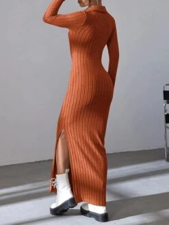 Women's Sweater Dress Winter Dress Jumper Dress Long Dress Maxi Dress Split Daily Date Going Out Active Fashion V Neck Long Sleeve 2023 Slim Black Brown Color S M L Size -Tesla Style nlzasy1693559544502