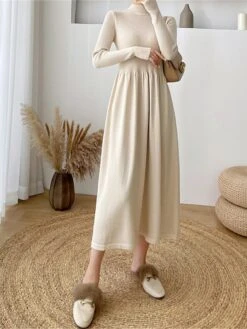 Women's Sweater Dress Jumper Dress Casual Dress Midi Dress Fashion Plain Outdoor Daily Going Out Turtleneck Long Sleeve 2023 Loose Fit Black Apricot One Size -Tesla Style nmfmmx1695630302504