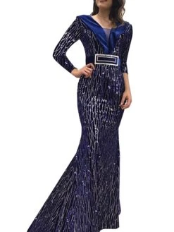 Women's Party Dress Sequin Dress Wedding Guest Dress Long Dress Maxi Dress Black Pink Blue 3/4 Length Sleeve Pure Color Sequins Spring Fall Winter V Neck Fashion Winter Dress Wedding Guest Evening -Tesla Style nmvikt1697621543360