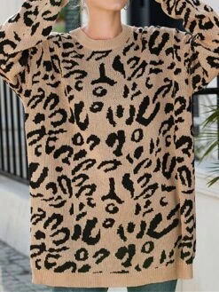 Women's Sweater Dress Winter Dress Jumper Dress Mini Dress Fashion Leopard Outdoor Street Daily Vacation Crew Neck Long Sleeve Print 2023 Loose Fit Khaki Army Green Apricot S M L XL -Tesla Style nndywp1696434057766