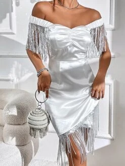 Women's Party Dress Fringe Dress Cocktail Dress Midi Dress White Half Sleeve Pure Color Tassel Fringe Summer Spring Fall Square Neck Fashion Vacation 2023 S M L XL -Tesla Style nnggbl1692857476337