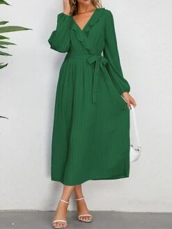 Women's Work Dress Swing Dress Black Dress Fashion Midi Dress Lace Up Ruched V Neck Long Sleeve Plain Loose Fit Black Blue Green Fall Winter S M L XL XXL