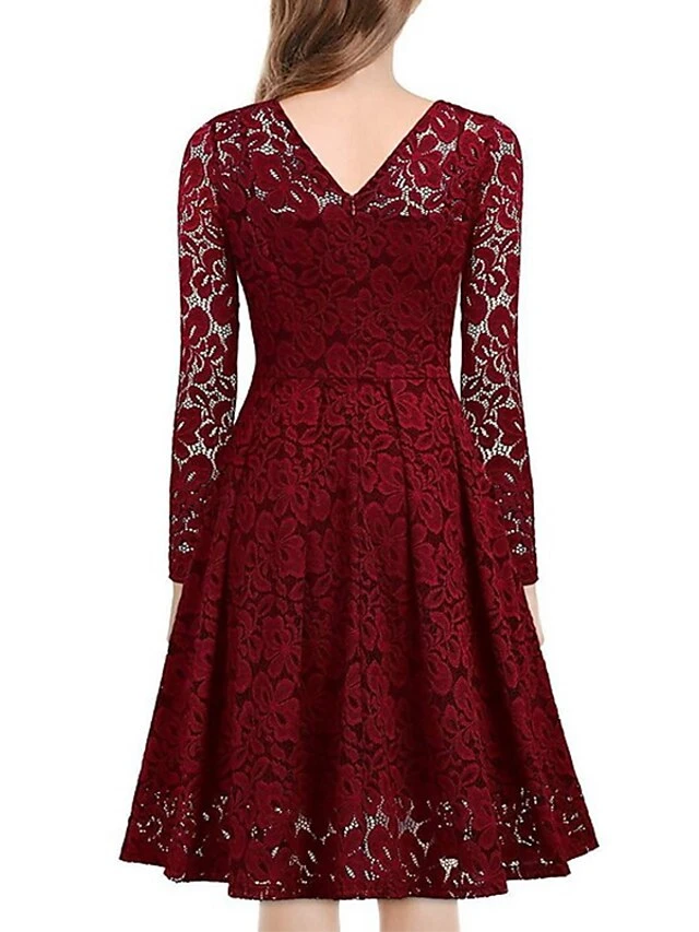 Women‘s Party Dress Wedding Guest Dress Lace Dress Dress Knee Length Dress Black Wine Navy Blue Long Sleeve Pure Color Lace Winter Fall Spring V Neck Elegant Winter Dress Office 2023 S M L XL XXL 3XL 8 Women‘s Party Dress Wedding Guest Dress Lace Dress Dress Knee Length Dress Black Wine Navy Blue Long Sleeve Pure Color Lace Winter Fall Spring V Neck Elegant Winter Dress Office 2023 S M L XL XXL 3XL - Image 6