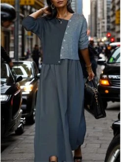 Women's Sweater Dress Winter Dress Jumper Dress Midi Dress Patchwork Button Daily Date Going Out Fashion Basic V Neck Long Sleeve 2023 Loose Fit Khaki Gray Color S M L XL XXL Size