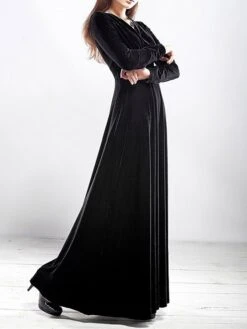Women‘s Party Dress Wedding Guest Dress Velvet Dress Long Dress Maxi Dress Black Wine Royal Blue Long Sleeve Pure Color Ruched Fall Spring V Neck Fashion Party Winter Dress Evening Party 2023 S M L XL -Tesla Style nociyi1664516292276