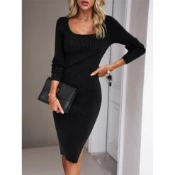Women's Sweater Dress Winter Dress Jumper Dress Midi Dress Split Daily Date Going Out Active Fashion Crew Neck Long Sleeve 2023 Slim Black Blue Green Color S M L XL Size -Tesla Style nonqmi1692353016219