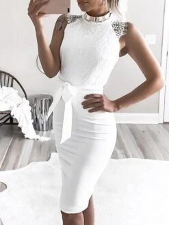 Women's Party Dress Cocktail Dress Wedding Guest Dress Midi Dress White Sleeveless Pure Color Lace Up Summer Spring Crew Neck Fashion Wedding Guest Vacation Summer Dress 2023 S M L XL 2XL