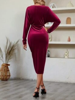 Women‘s Prom Dress Party Dress Velvet Dress Black Dress Midi Dress Wine Green Long Sleeve Pure Color Ruched Spring Fall Winter V Neck Fashion Winter Dress Evening Party Wedding Guest 2023 -Tesla Style nowmqn1692167787415