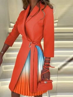 Women‘s Work Dress Blazer Dress And Jacket Set Black Dress Knee Length Dress Black White Pink Long Sleeve Color Gradient Pleated Fall Winter Autumn Shirt Collar Elegant Winter Dress Fall Dress 2023 -Tesla Style npginy1664282020123