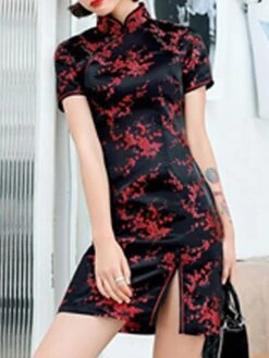 Women‘s Wedding Guest Dress Party Dress Bodycon Sheath Dress Cheongsam Dress Mini Dress Black Pink Red Short Sleeve Floral Split Spring Summer Stand Collar Elegant Weekend Spring Dress 2023 -Tesla Style npmwue1641293132413