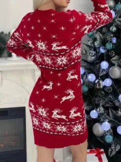 Women‘s Christmas Sweater Dress Jumper Dress Winter Dress Warm Geometric Print Deer Outdoor Christmas Casual Daily Crew Neck Long Sleeve 2023 Loose Fit Red S M L XL -Tesla Style nppfpt1694151368386