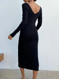 Women's Sweater Dress Jumper Dress Casual Dress Midi Dress Fashion Pure Color Outdoor Vacation Going Out V Neck Long Sleeve 2023 Regular Fit Black Pink Blue S M L -Tesla Style npvwbi1697538593190