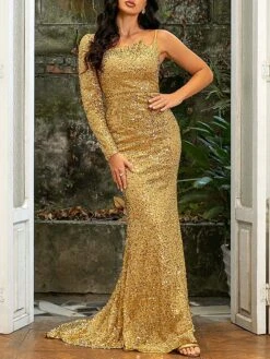 Women‘s Prom Dress Party Dress Sequin Dress Long Dress Maxi Dress Yellow Long Sleeve Pure Color Sparkly Glitter Sequins Fall Winter Autumn One Shoulder Fashion Winter Dress Birthday Fall Dress -Tesla Style npyoug1694687119742