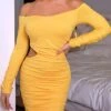 Women's Party Dress Cut Out Dress Cocktail Dress Mini Dress Yellow Long Sleeve Pure Color Ruched Spring Fall Winter Off Shoulder Fashion Birthday Wedding Guest Vacation 2023 S M L