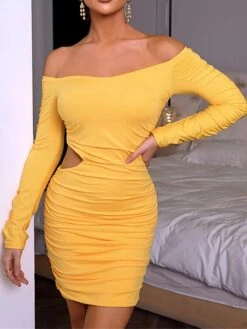 Women's Party Dress Cut Out Dress Cocktail Dress Mini Dress Yellow Long Sleeve Pure Color Ruched Spring Fall Winter Off Shoulder Fashion Birthday Wedding Guest Vacation 2023 S M L