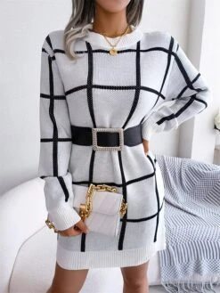 Women's Sweater Dress Winter Dress Jumper Dress Mini Dress Patchwork Daily Date Going Out Active Fashion Crew Neck Long Sleeve 2023 Loose Fit White Green Khaki Color S M L Size -Tesla Style nqgmpc1692863467635