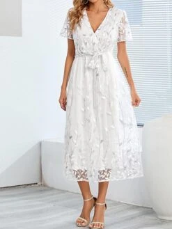Women's Party Dress Sequin Dress Cocktail Dress Midi Dress White Champagne Red Short Sleeve Pure Color Lace Up Summer Spring V Neck Fashion Wedding Guest Vacation Summer Dress 2023 S M L XL 2XL -Tesla Style nqobjp1679035607215