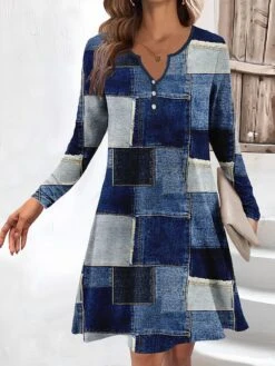 Women's Work Dress Casual Dress Fashion Winter Dress Daily Mini Dress Button Print V Neck Long Sleeve Geometric Plaid Regular Fit Pink Blue Gray Fall Winter S M L XL XXL -Tesla Style nrbpgd1694660965020