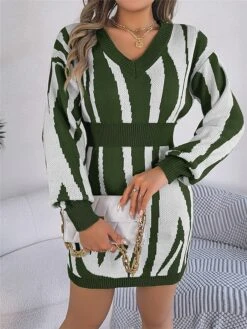 Women's Sweater Dress Winter Dress Jumper Dress Mini Dress Warm Stripe Outdoor Casual Holiday Vacation V Neck Long Sleeve Patchwork 2023 Loose Fit Green Khaki Rose Red S M L -Tesla Style nrpwxc1696926515716