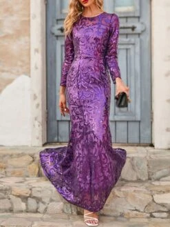 Women's Prom Dress Party Dress Sequin Dress Long Dress Maxi Dress Purple Gold Long Sleeve Solid Color Sequins Spring Fall Winter Crew Neck Fashion Party Winter Dress Wedding Guest 2022 S M L XL XXL -Tesla Style nrxxds1663663294574