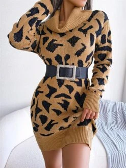Women's Sweater Dress Jumper Dress Casual Dress Mini Dress Fashion Leopard Outdoor Daily Going Out Turtleneck Long Sleeve 2023 Loose Fit Black Wine Khaki S M L -Tesla Style nsirsg1694756283391