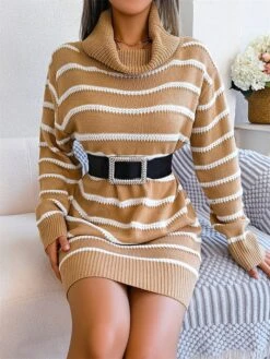 Women's Sweater Dress Jumper Dress Casual Dress Mini Dress Fashion Stripe Outdoor Daily Going Out Turtleneck Long Sleeve 2023 Loose Fit Black Khaki S M L -Tesla Style nsrdbr1694756409682