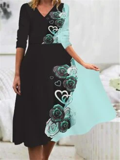 Women's Work Dress Casual Dress Swing Dress Fashion Winter Dress Daily Midi Dress Print V Neck Long Sleeve Floral Heart Regular Fit Blue Purple Green Fall Winter S M L XL XXL -Tesla Style nsrhfi1694490800626