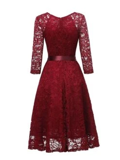 Women‘s Vintage Tea Dresses Party Dress Lace Dress Homecoming Dress Knee Length Dress Pink Wine Navy Blue 3/4 Length Sleeve Pure Color Lace Summer Spring Fall V Neck Classic Winter Dress -Tesla Style nssfzx1600920042781