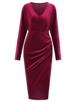 Women‘s Prom Dress Party Dress Velvet Dress Black Dress Midi Dress Wine Green Long Sleeve Pure Color Ruched Spring Fall Winter V Neck Fashion Winter Dress Evening Party Wedding Guest 2023 -Tesla Style ntgezv1692167790518