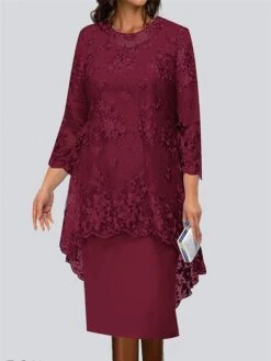 Women's Work Dress Lace Dress Semi Formal Dress Fashion Midi Dress Lace Patchwork Crew Neck 3/4 Length Sleeve Plain Loose Fit Champagne Wine Navy Blue Spring Fall S M L XL XXL -Tesla Style ntgoxe1691042277554